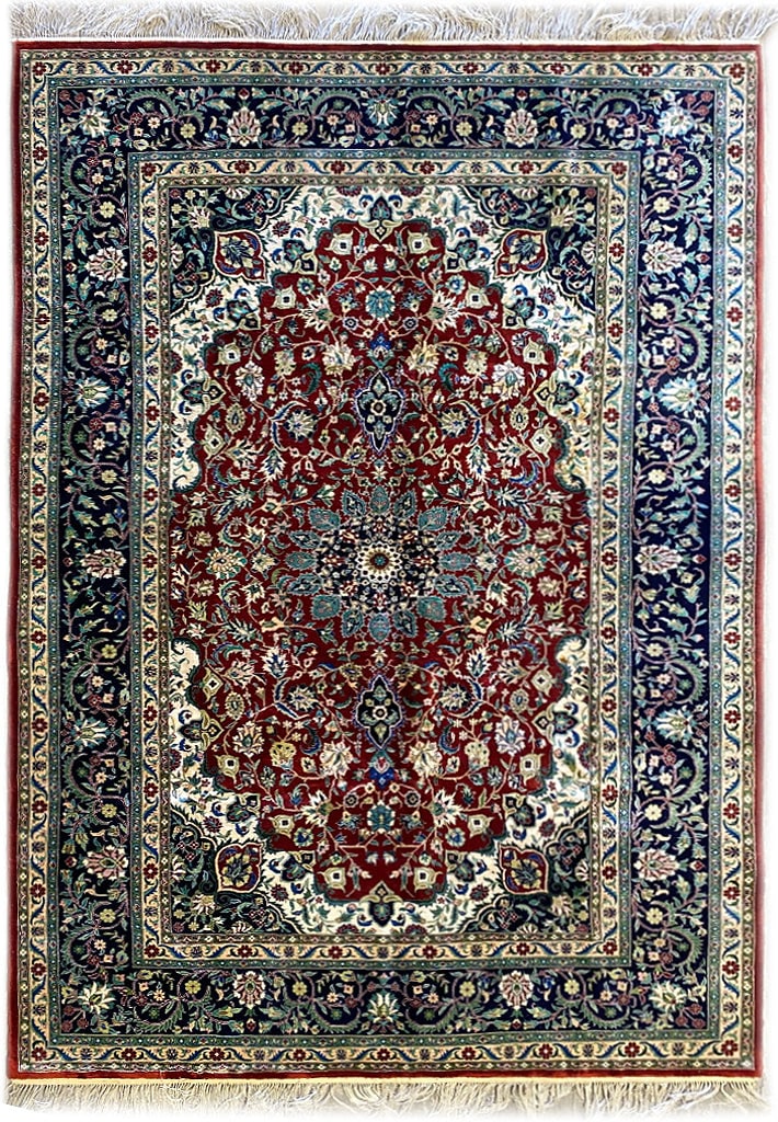 6.1 x 9.5 New Kashmir Silk Area Rug Hand-Knotted Premium Quality: 6.1 x 9.5 New Kashmir Silk Area Rug Hand-Knotted Premium Quality Free continental US Shipping Elevate your home decor with the exquisite 6' x 9' New Kashmir Silk Rug, a true testament to craftsmanship