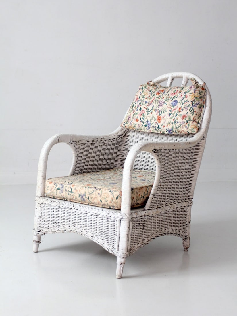Painted White Wicker Lounge Chair with Floral Cushions 32in High (1 of 16)