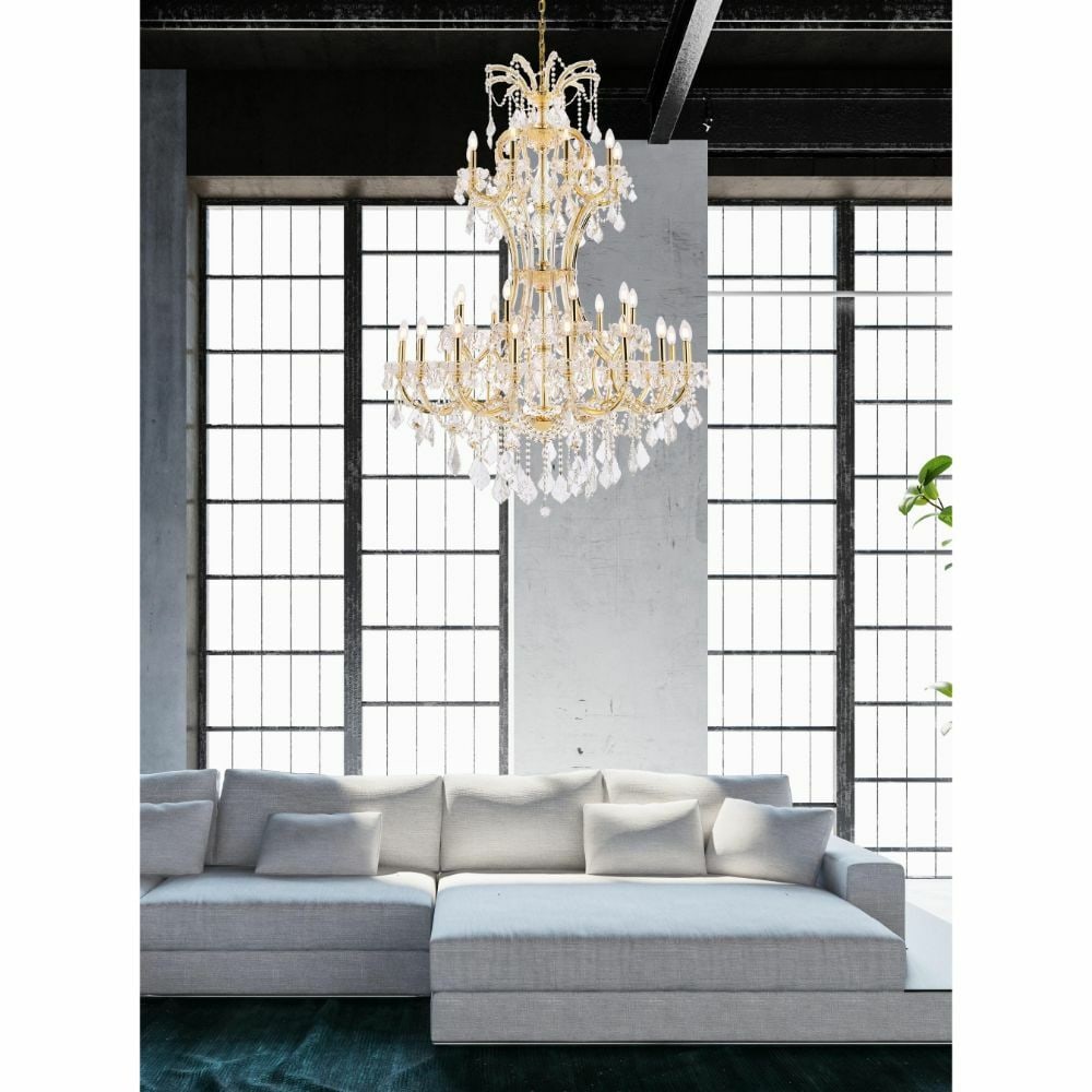 Maria Theresa Gold Crystal Foyer Chandelier 36 Lights 64 Inch: Maria Theresa Gold Crystal Foyer Chandelier 36 Lights 64 Inch This large Maria Theresa chandelier features 36 lights and a gold finish with royal cut clear crystals, making it an elegant centerpiece f