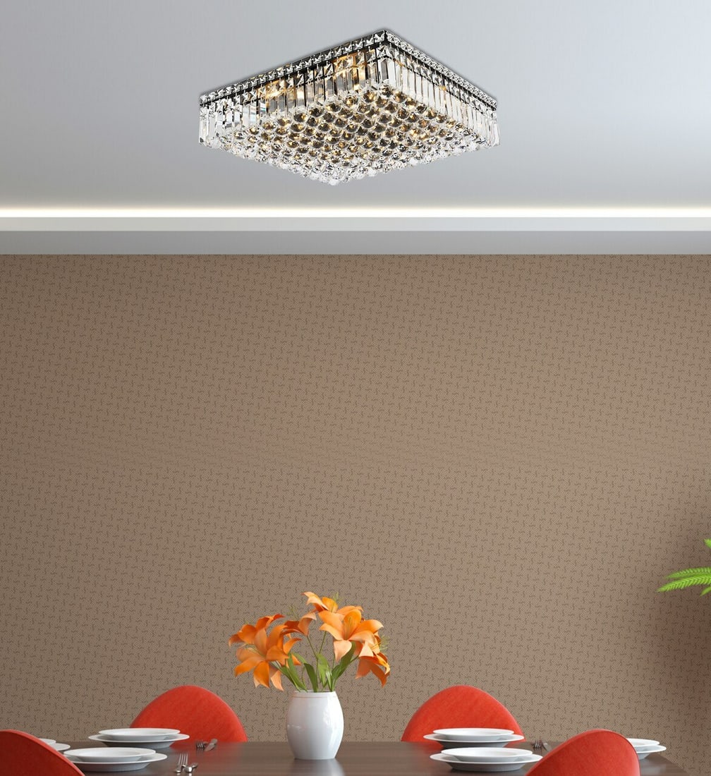 MAXIME 20in Crystal Flush Mount 12-Light Black Clear: MAXIME 20in Crystal Flush Mount 12-Light Black Clear Modern flush mount chandelier with a black and clear finish and crystal construction. It features 12 lights, is hardwired, and is designed for indo