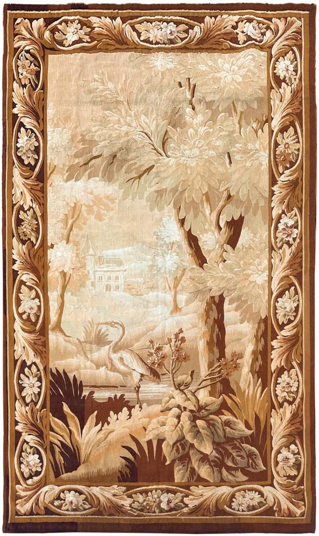 French Aubusson Bird Verdure Wool Silk Wall Tapestry 4'10 x 9'2 (1 of 15)