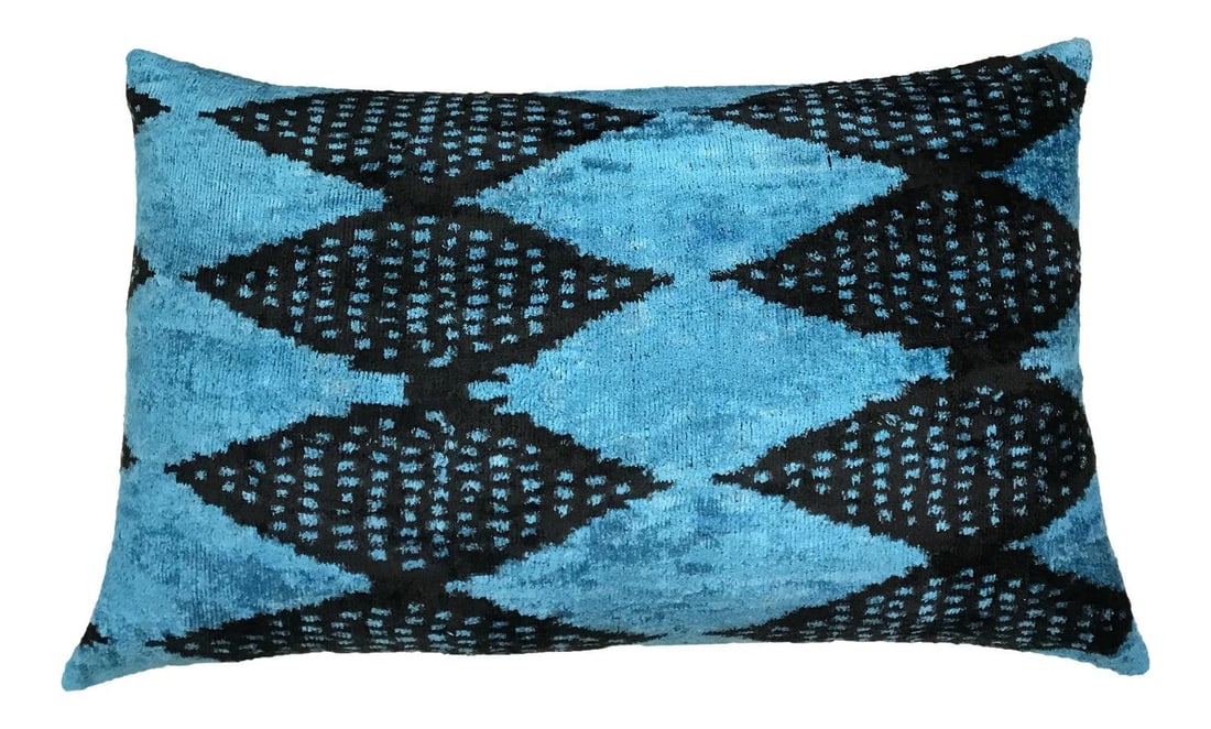 Blue Uzbek Ikat Velvet Pillow with Linen Backing 16x24: Blue Uzbek Ikat Velvet Pillow with Linen Backing 16x24 This hand-made pillow cushion features a luxurious silk Uzbek Ikat velvet front, complemented by a natural linen backing and a hidden zipper for 
