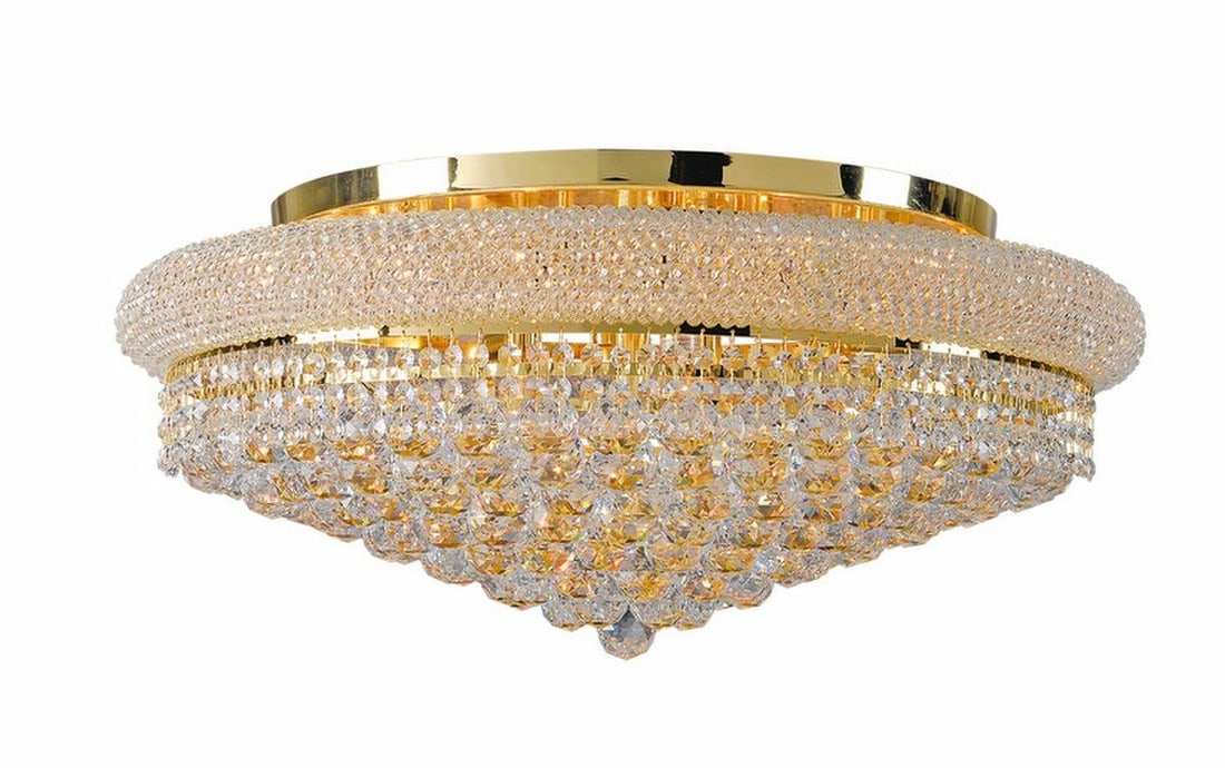 Gold K9 Crystal 20-Light Flush Mount Chandelier 36 Inch: Gold K9 Crystal 20-Light Flush Mount Chandelier 36 Inch This large gold flush mount chandelier features a striking modern empire design with 20 lights and top-quality K9 cut crystals containing 30% le