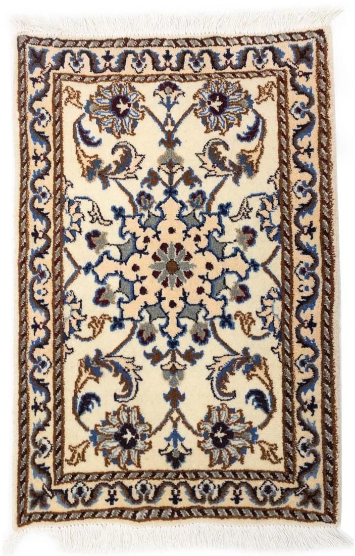 Vintage Indo-Nain Floral Wool Area Rug Hand-Knotted 1'11 x 2'10: Vintage Indo-Nain Floral Wool Area Rug Hand-Knotted 1'11 x 2'10 This hand-knotted Indo-Nain wool rug features a classic floral design in shades of vanilla cream, blue, beige, brown, and purple-navy. C