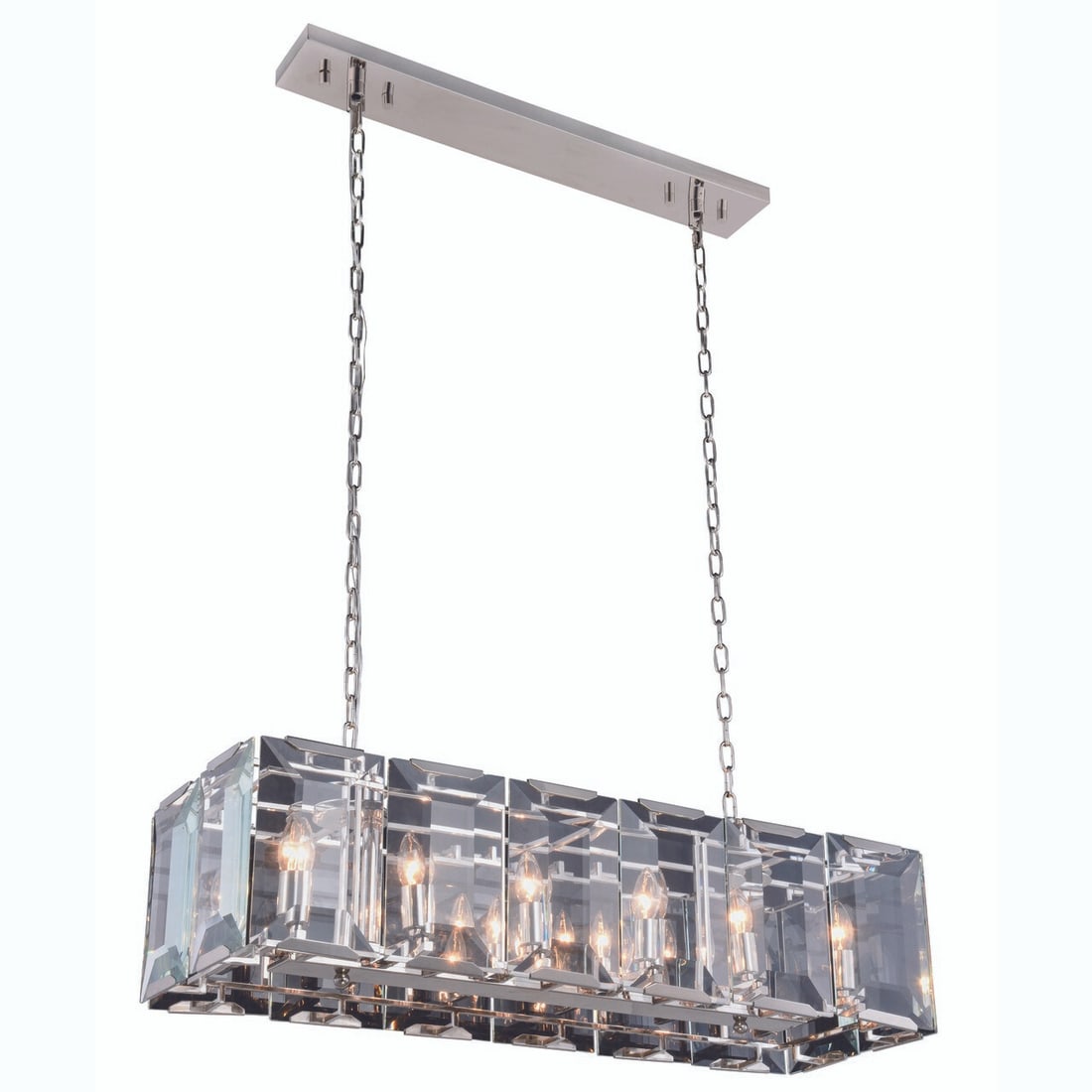 Monaco 12 Light Glass Chandelier Polished Nickel 40 in: Monaco 12 Light Glass Chandelier Polished Nickel 40 in Modern transitional chandelier in a polished nickel finish with a glass construction. It is designed for indoor use and features a rectangular sh