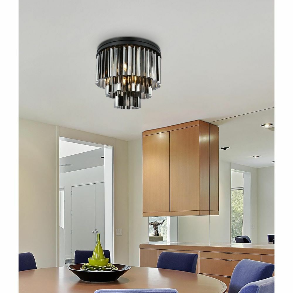 Sydney 20 inch 9 Light Crystal Flush Mount Chandelier: Sydney 20 inch 9 Light Crystal Flush Mount Chandelier Contemporary crystal flush mount chandelier with a matte black finish, designed for indoor use. It features 9 lights, clear white clear warm white
