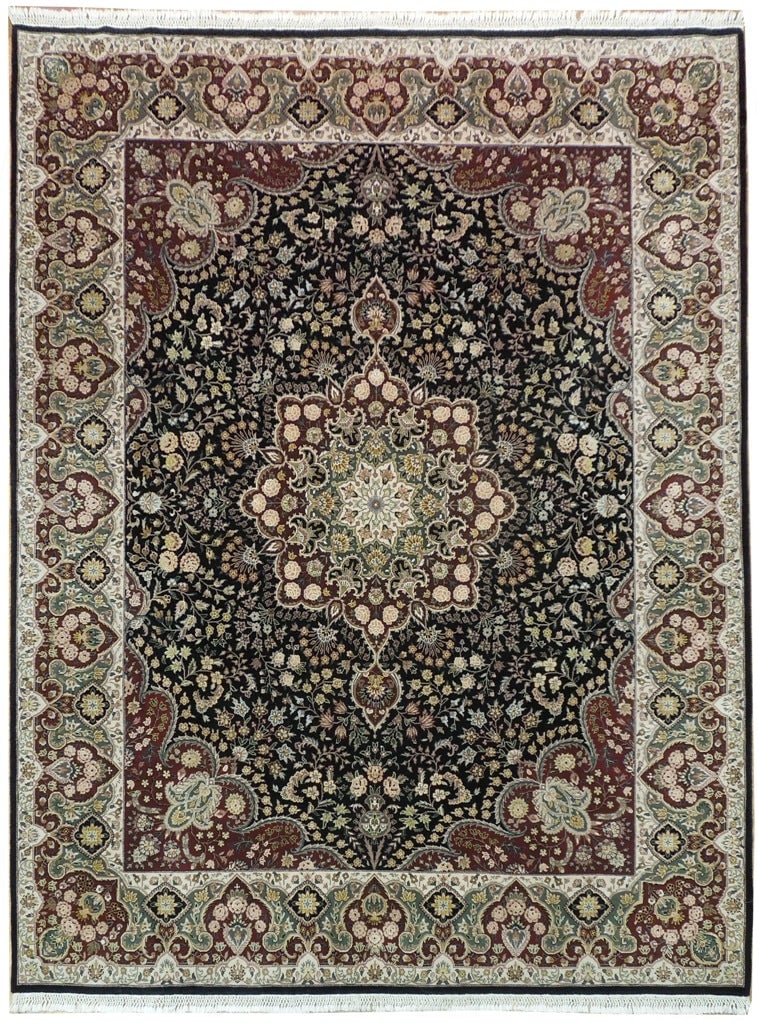 Handmade Lavar Rug 7'9 x 9'10 Wool Silk Black High End: Handmade Lavar Rug 7'9 x 9'10 Wool Silk Black High End Free continental US Shipping Elevate your home decor with this exquisite 7' 9" x 9' 10" Lavar rug, skillfully handmade in China using the finest 