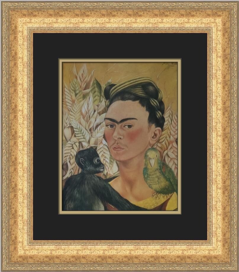 Frida Kahlo Self-Portrait with Monkey and Parrot Framed Art Print 1998: Frida Kahlo Self-Portrait with Monkey and Parrot Framed Art Print 1998 This stunning custom framed print features Frida Kahlo's iconic artwork titled "Self-Portrait with Monkey and Parrot." Measuring 