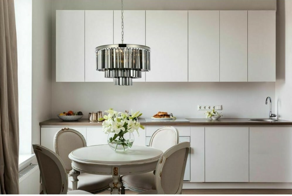Sydney 26 in Crystal 9-Light Chandelier Polished Nickel: Sydney 26 in Crystal 9-Light Chandelier Polished Nickel Modern crystal chandelier pendant ceiling light fixture in polished nickel finish with clear Royal Cut crystals and silver shade glass. It is a 
