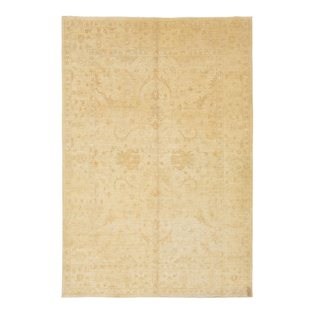 Beige Hand-Knotted Wool Peshawar Rug with Floral Design 6'7 x 9'8: Beige Hand-Knotted Wool Peshawar Rug with Floral Design 6'7 x 9'8 Enhance your space with this exquisite Modern Paki Peshawar Hand-Knotted Wool Rug. Featuring a stunning beige field adorned with a del