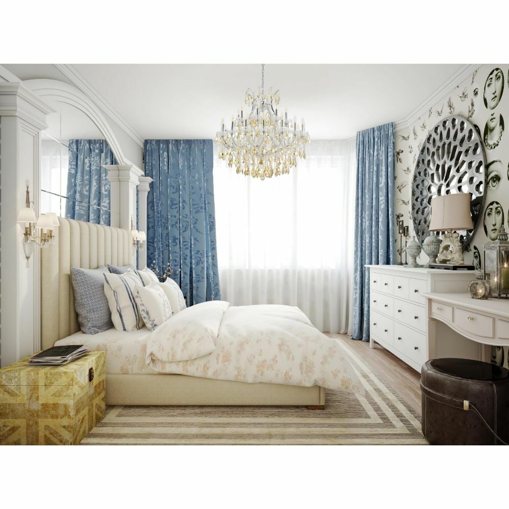 Maria Theresa Chrome Crystal Chandelier 24 Light 36 in: Maria Theresa Chrome Crystal Chandelier 24 Light 36 in This Maria Theresa chandelier features a striking 36-inch round chrome frame adorned with golden teak (smoky) royal cut glass crystals. Designed 