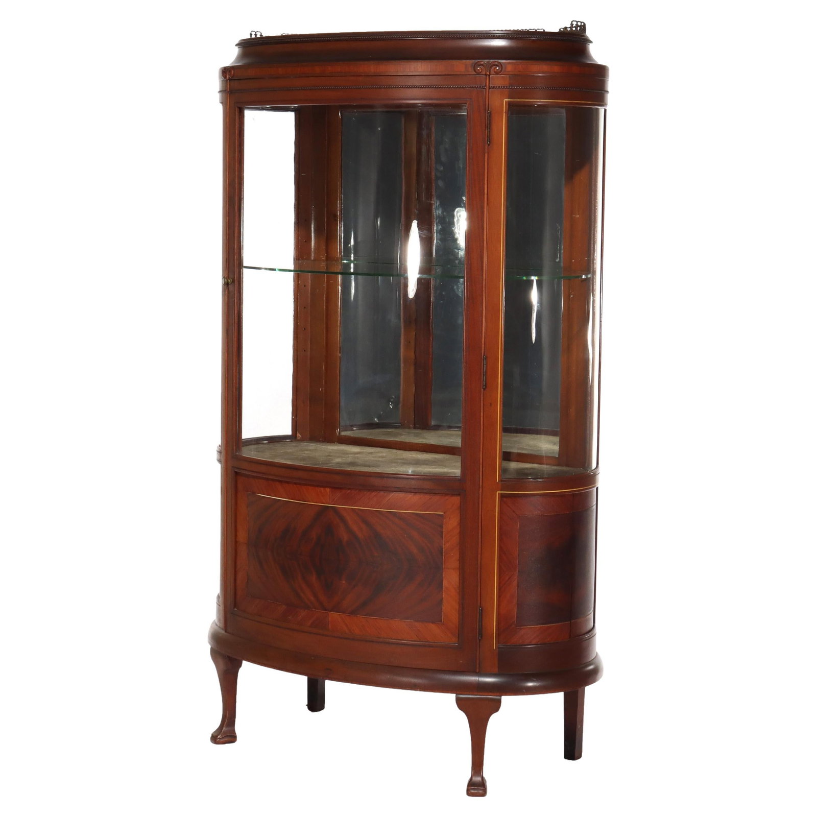 C1890 Antique French Mahogany Vitrine with Inlay and Ormolu Accents: C1890 Antique French Mahogany Vitrine with Inlay and Ormolu Accents This exquisite antique French display vitrine, dating to c1890, is a stunning piece crafted from rich mahogany. It features intricat