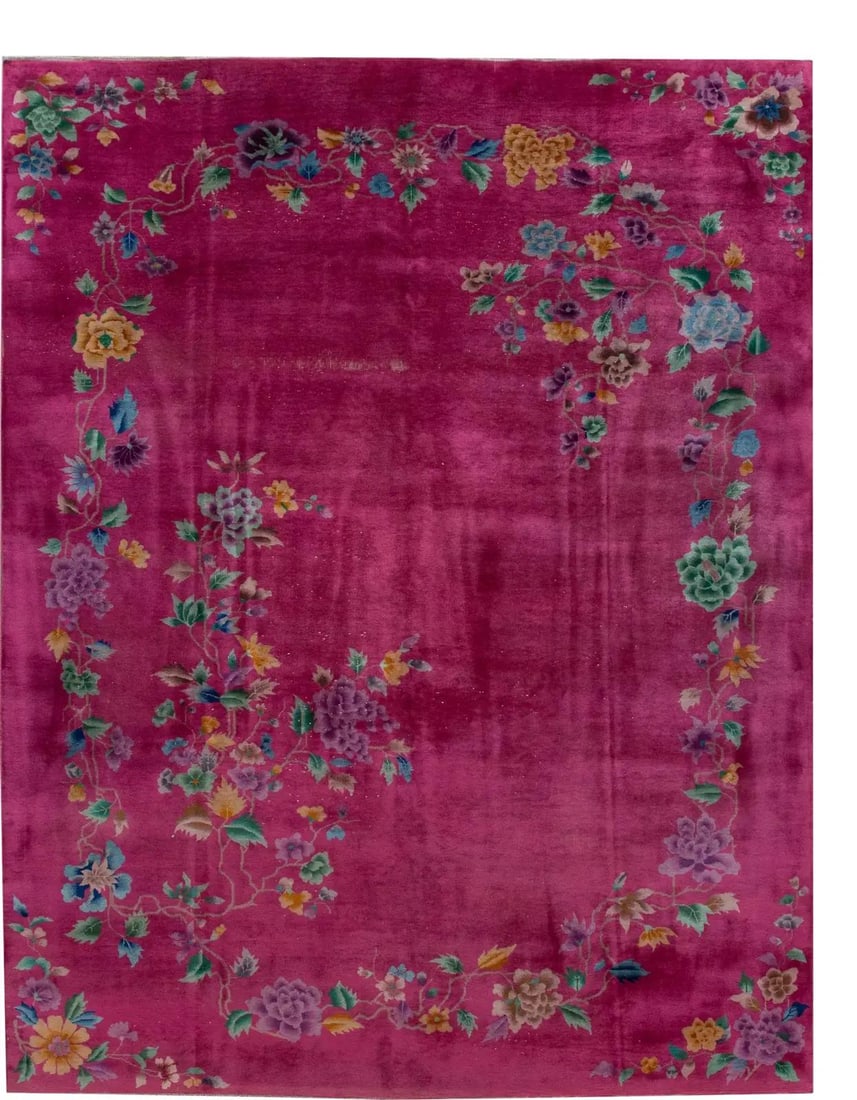 Antique Chinese Art Deco Hand-Knotted Floral Wool Rug 8'10 x 11'5 Red: Antique Chinese Art Deco Hand-Knotted Floral Wool Rug 8'10 x 11'5 Red Experience the elegance of this stunning antique Chinese Art Deco wool rug, hand-knotted with meticulous craftsmanship. Featuring 
