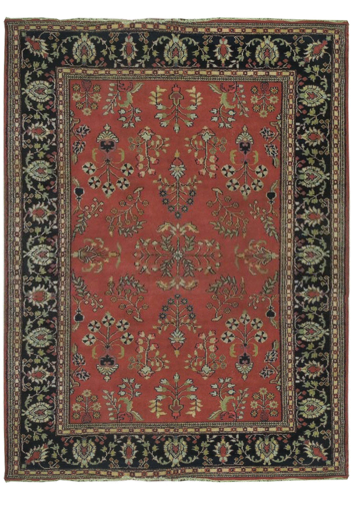 9 x 12 Handmade India Sarouk Wool Rug Floral Medallion: 9 x 12 Handmade India Sarouk Wool Rug Floral Medallion Free continental US Shipping This is a new handmade India Sarouk rug in a 9 x 12 size. It is hand-knotted from wool and features a classic Sarouk
