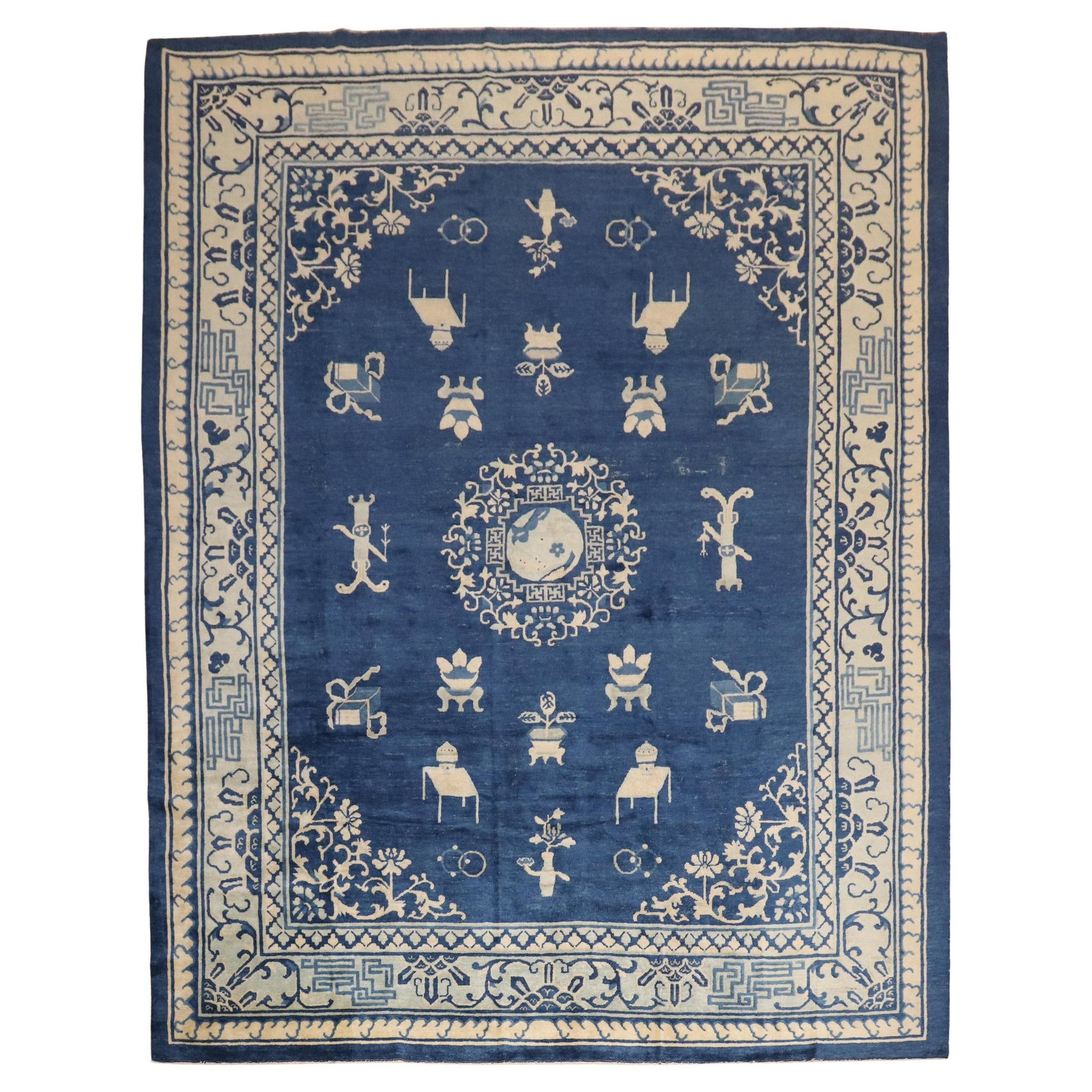 Chinese Peking Early 20th Century Hand-Woven Wool Rug 8' x 9'9'': Chinese Peking Early 20th Century Hand-Woven Wool Rug 8' x 9'9'' This exquisite early 20th century Chinese Peking room rug features a captivating folk art style, adorned in rich blues and creams. Hand