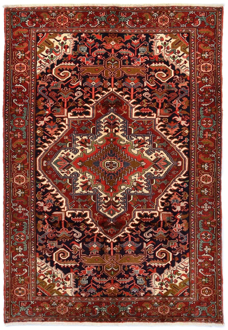 Geometric Wool Heriz Area Rug Vintage Handmade 6'9 x 9'9 Western Asia: Geometric Wool Heriz Area Rug Vintage Handmade 6'9 x 9'9 Western Asia This handmade vintage Heriz oriental rug features a classic geometric pattern in shades of dark purple, navy, red, maroon, gold, g