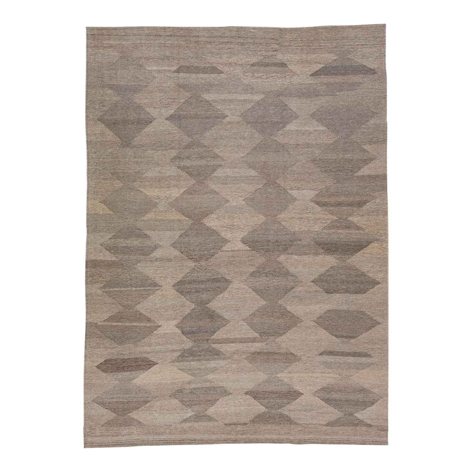 Modern Brown Geometric Pattern Wool Flatweave Kilim Rug 8'8" x 12': Modern Brown Geometric Pattern Wool Flatweave Kilim Rug 8'8" x 12' Elevate your space with this exquisite wool flatweave Kilim rug, showcasing a rich brown color field complemented by subtle grey high