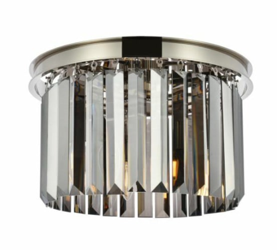 Sydney 16 inch 3 Light Crystal Flush Mount Chandelier Polished Nickel: Sydney 16 inch 3 Light Crystal Flush Mount Chandelier Polished Nickel Contemporary crystal flush mount chandelier with a polished nickel finish and a 3-light design. It features crystal and iron/steel