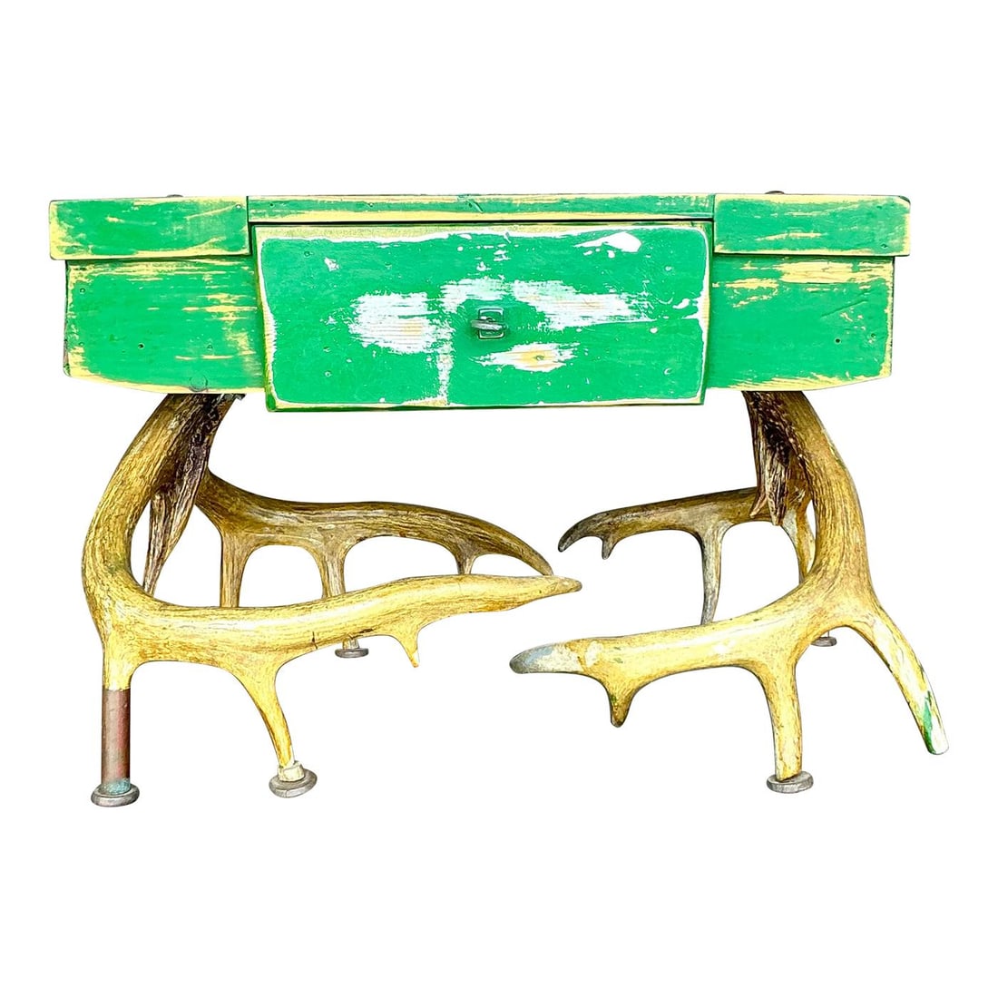 Vintage Boho Antler Table with Unique Wood Grain Design: Vintage Boho Antler Table with Unique Wood Grain Design Enhance your living space with this Late 20th Century Vintage Boho Antler Table, a perfect blend of rustic charm and sophisticated style. Featur