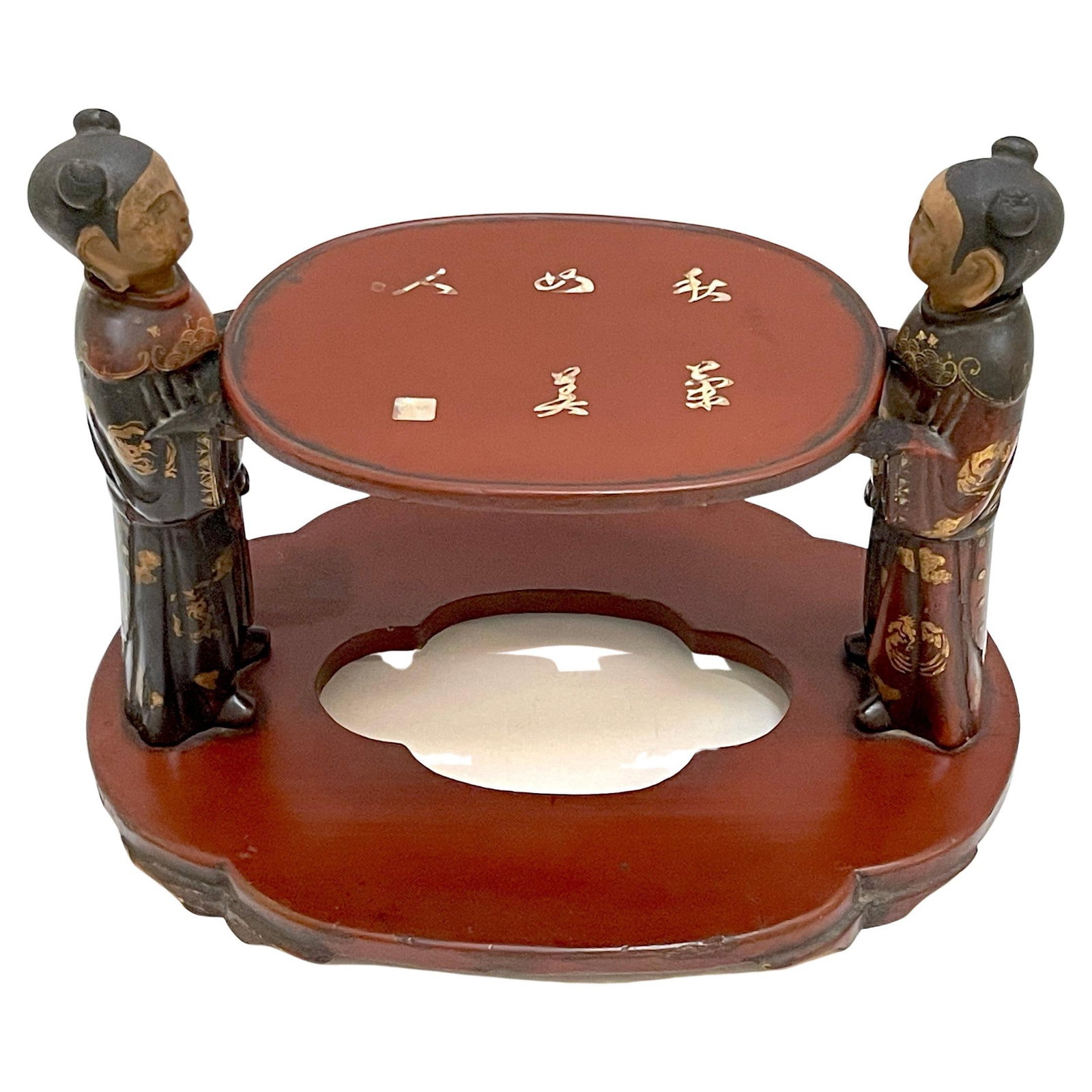 19th Century Chinese Figural Carved Wood Lacquer Offering Stand: 19th Century Chinese Figural Carved Wood Lacquer Offering Stand This late 19th-century Chinese figural carved wood lacquer stand is a unique example of exquisite craftsmanship and cultural significanc