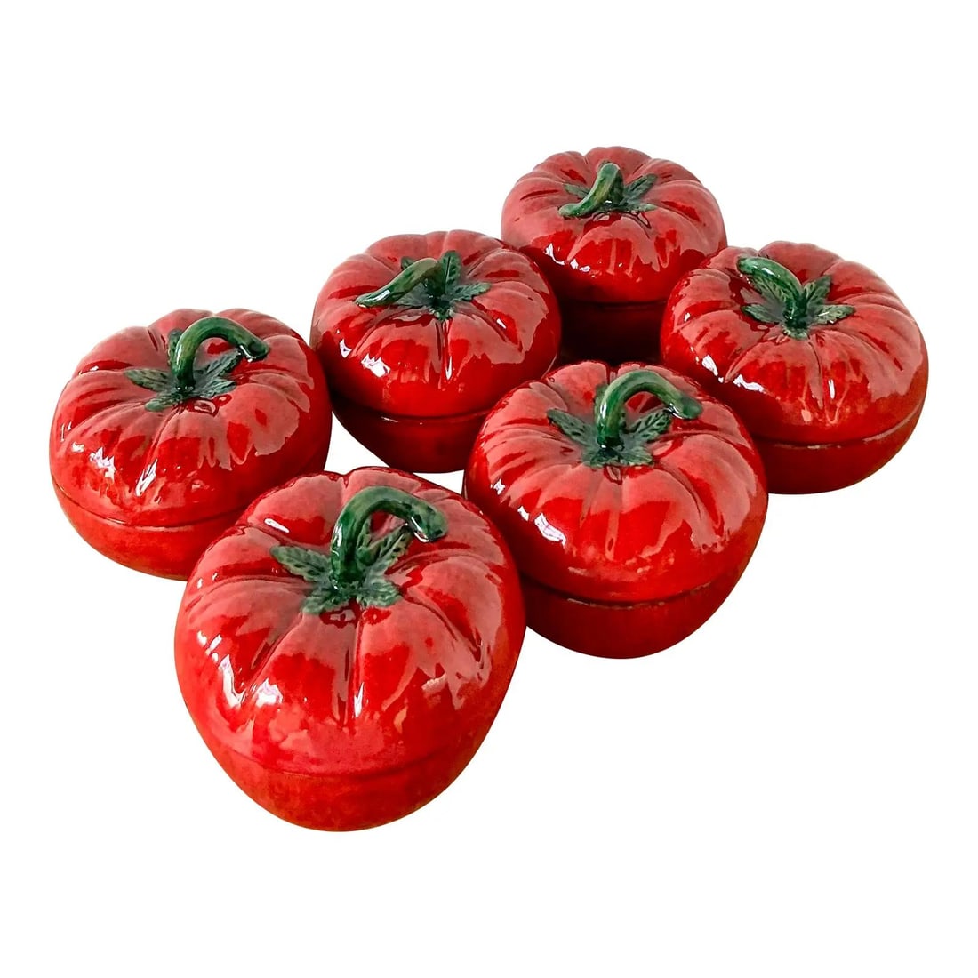 Set of 6 Italian Midcentury Tomato Majolica Ceramic Lidded Bowls (1 of 10)