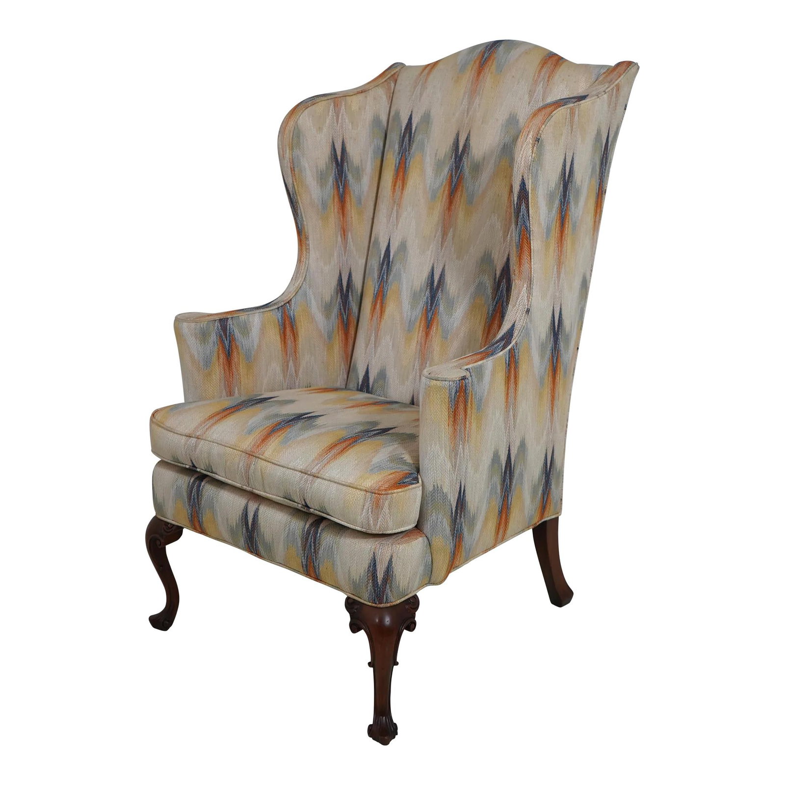 Elegant Queen Anne Wing Chair with Flame Stitch Upholstery: Elegant Queen Anne Wing Chair with Flame Stitch Upholstery This elegant Southwood Queen Anne Flame Stitched Wing Chair features a classic design that blends comfort with style. The chair is approximat