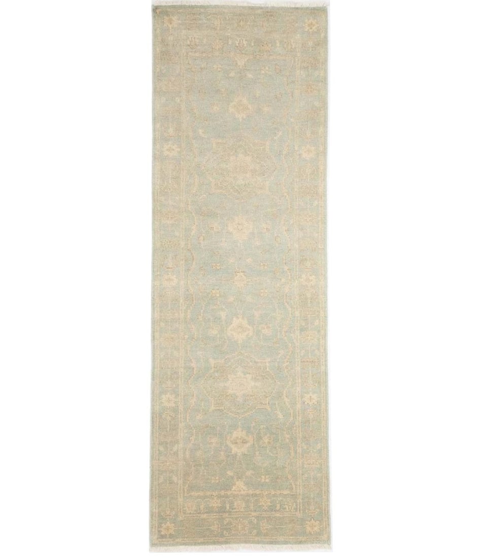 Hand-Knotted Wool Runner Floral Pattern Muted Aqua Blue 2'7 x 7'11: Hand-Knotted Wool Runner Floral Pattern Muted Aqua Blue 2'7 x 7'11 This handmade Oriental runner rug features a muted aqua blue floral pattern, offering a modern and transitional look suitable for hal