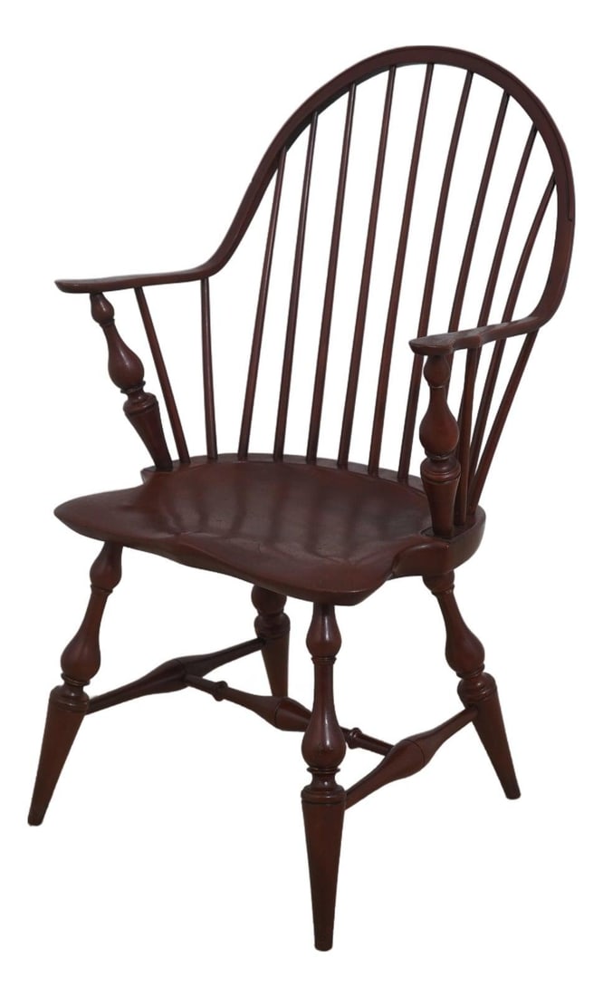 Brown Wood Windsor Armchair Dr Dimes Crackle Finish: Brown Wood Windsor Armchair Dr Dimes Crackle Finish This Windsor armchair features a shapely saddle seat and a continuous arm design, crafted with high-quality construction. The chair is finished with