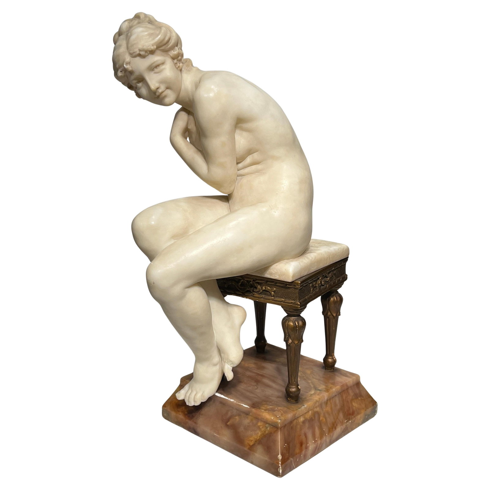 Late 19th Century Italian Alabaster Seated Woman Statue Signed G Pochini: Late 19th Century Italian Alabaster Seated Woman Statue Signed G Pochini This antique Italian alabaster sculpture from the late 19th century depicts a nude female figure seated on a bench. Expertly ha