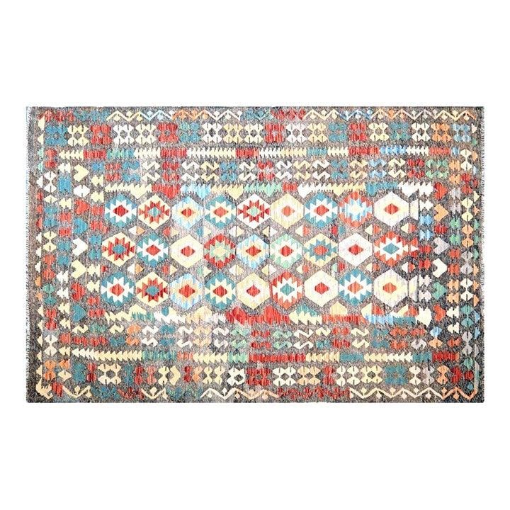 Maimana Wool Kilim Rug Handwoven Flatweave 6'4 x 9'8 Afghan: Maimana Wool Kilim Rug Handwoven Flatweave 6'4 x 9'8 Afghan This Afghan Maimana flatweave kilim is hand woven from wool and features organic colors. The rug displays a gray tone, offering a classic an