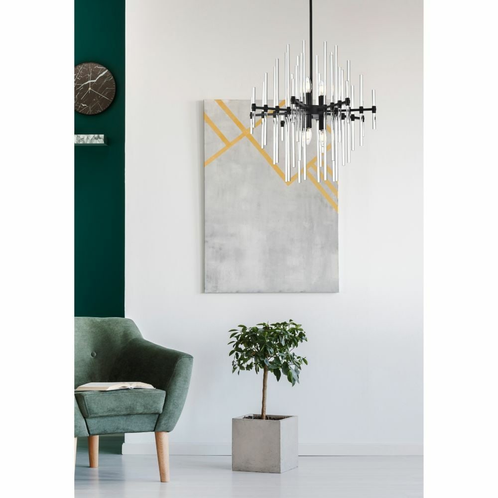 Black Glass Rod Sputnik Chandelier 6 Light 22.8 Inch Sienna: Black Glass Rod Sputnik Chandelier 6 Light 22.8 Inch Sienna This modern Sputnik chandelier features a black metal frame with clear glass rods, offering a striking and contemporary lighting solution. D