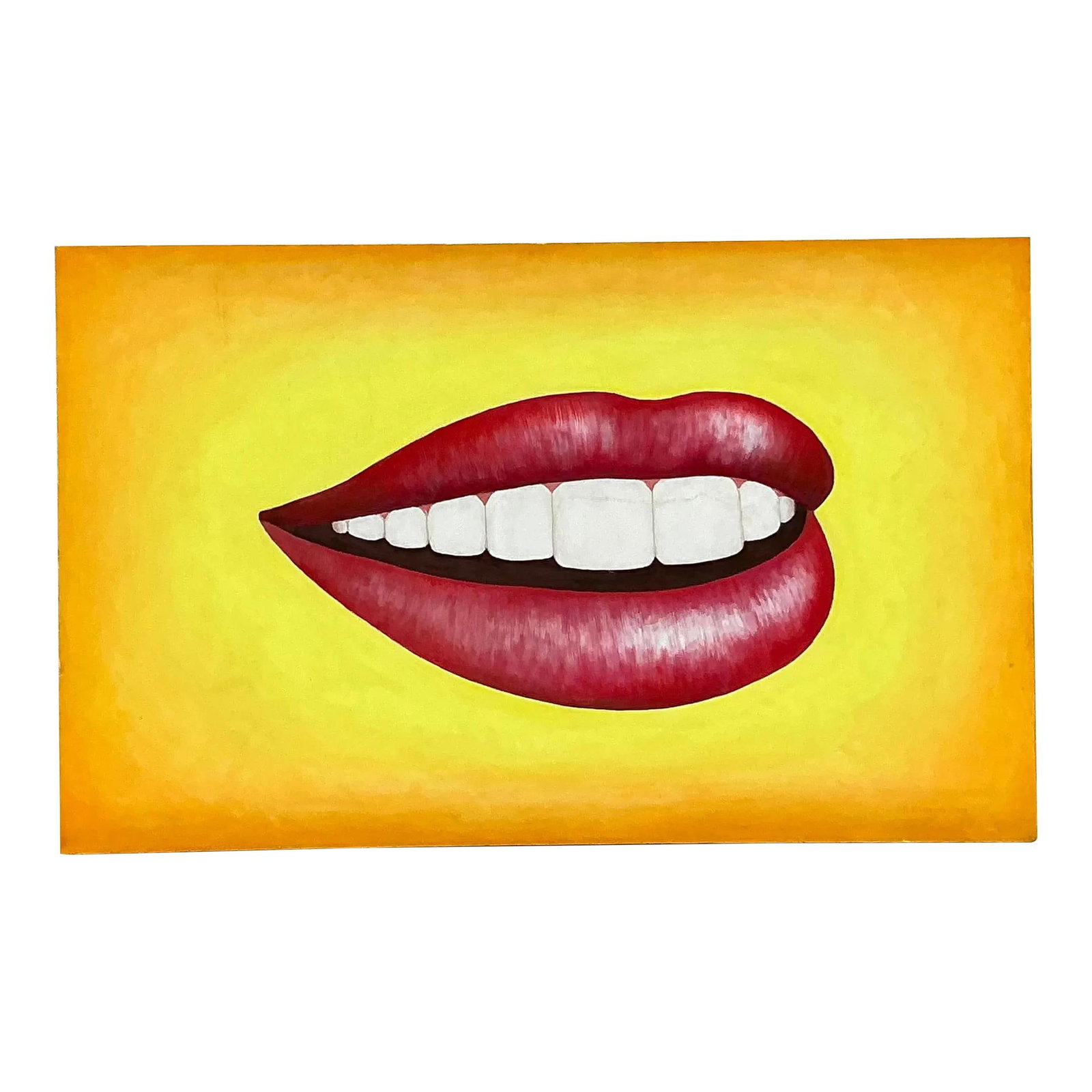 Vintage Boho Oil Painting Red Lips on Canvas 48"x30": Vintage Boho Oil Painting Red Lips on Canvas 48"x30" Make a bold statement with this Late 20th Century Vintage Boho Original Lips Oil Painting on Canvas. This striking artwork features vivid red lips 