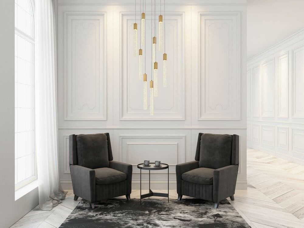 Weston Satin Gold Crystal Pendant Chandelier 9-Light 24 in: Weston Satin Gold Crystal Pendant Chandelier 9-Light 24 in This modern crystal pendant chandelier from the Weston Collection features a striking satin gold finish and clear seeded crystal bar accents.