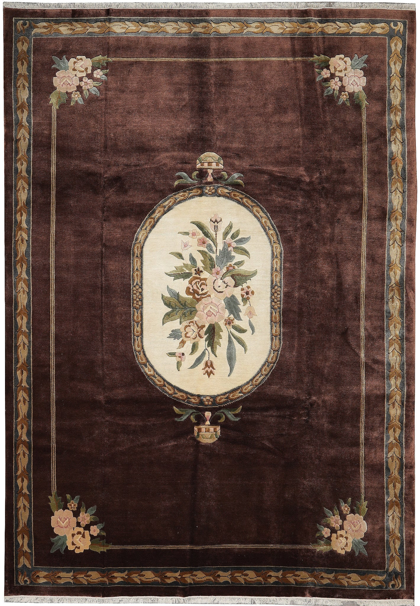 10 x 14 Handmade French Aubusson Wool Rug Brown Floral Design: 10 x 14 Handmade French Aubusson Wool Rug Brown Floral Design Free continental US Shipping This 10 x 14 handmade wool rug showcases the refined artistry of the French Aubusson tradition, featuring a w