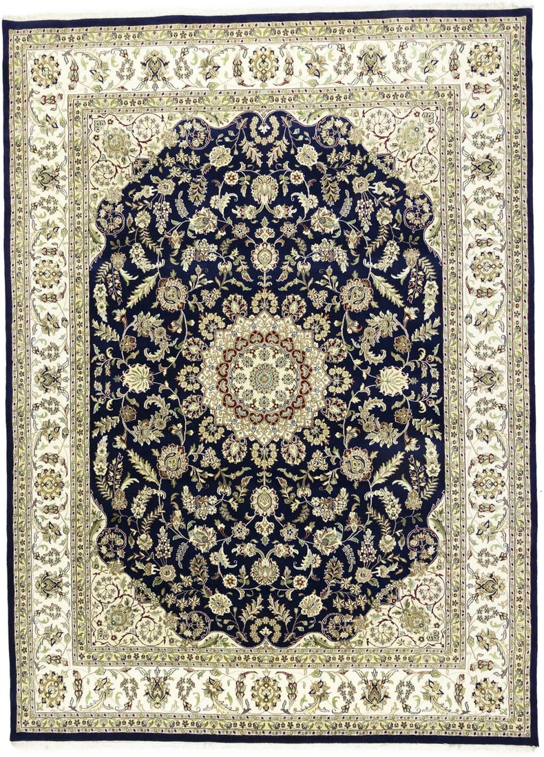 Indo-Nain Hand-Knotted Blue Floral Medallion Rug 8'11 x 12'2: Indo-Nain Hand-Knotted Blue Floral Medallion Rug 8'11 x 12'2 Transform your living space with this stunning Indo-Nain Blue Oriental Rug, featuring an elegant floral medallion design. Handmade in India