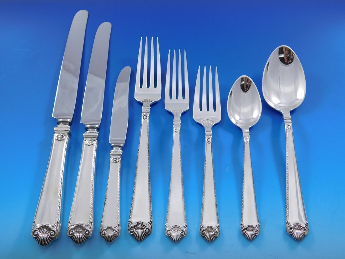 Watson George II Rex 105 Piece Sterling Silver Flatware Service: Watson George II Rex 105 Piece Sterling Silver Flatware Service This is a monumental Watson George II Rex flatware set crafted in sterling silver, featuring both dinner and luncheon sizes. The set com