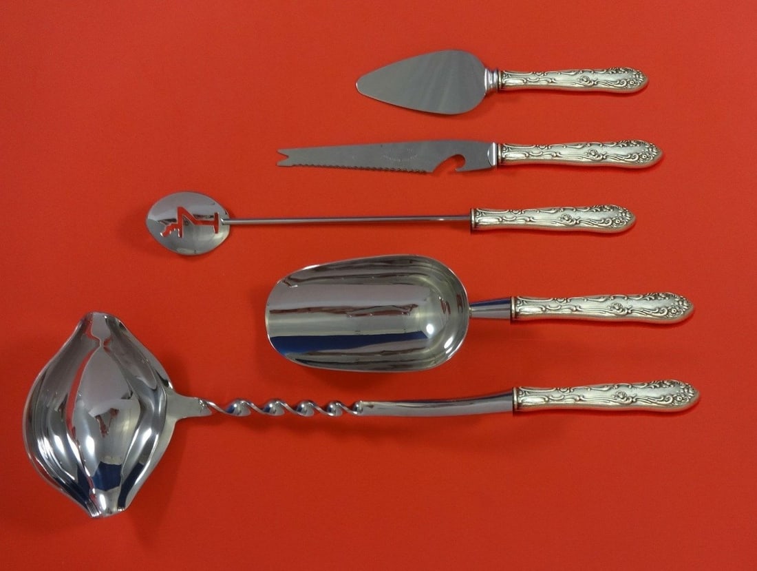 Towle Old English Sterling Silver 5pc Cocktail Party Bar Set: Towle Old English Sterling Silver 5pc Cocktail Party Bar Set Elevate your cocktail gatherings with this exquisite 5-piece Old English by Towle Sterling Silver Cocktail Party Bar Set. Crafted from high