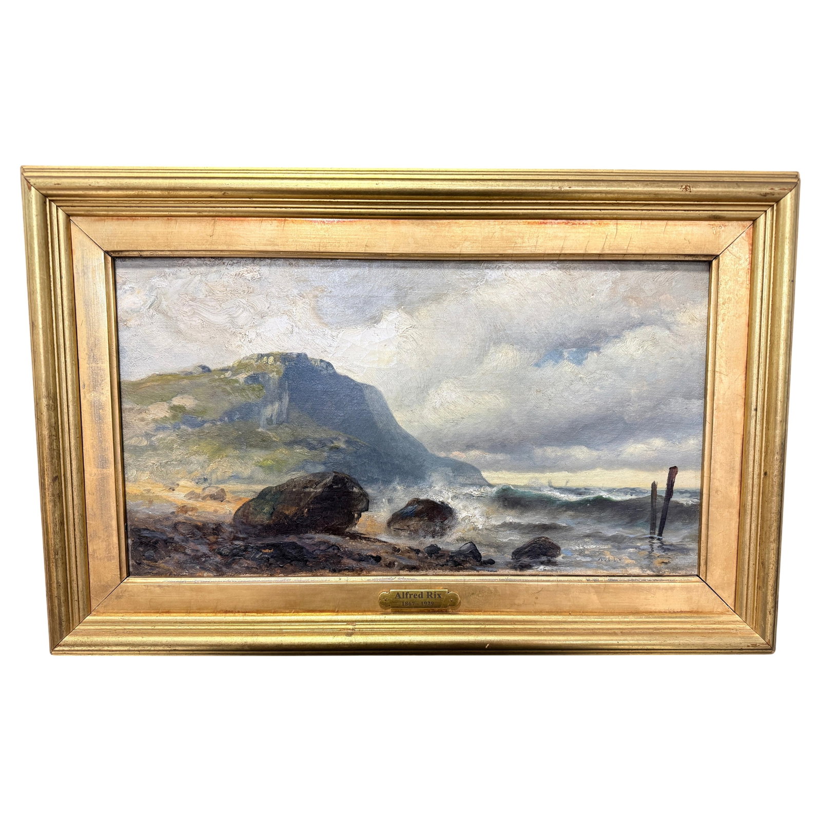 Alfred S. Rix Coastal Surf Seascape on Canvas: Alfred S. Rix Coastal Surf Seascape on Canvas This late 19th-century seascape by Alfred S. Rix (American, 1867-1929) depicts a dramatic coastal scene with a rocky headland and breaking surf. The compo