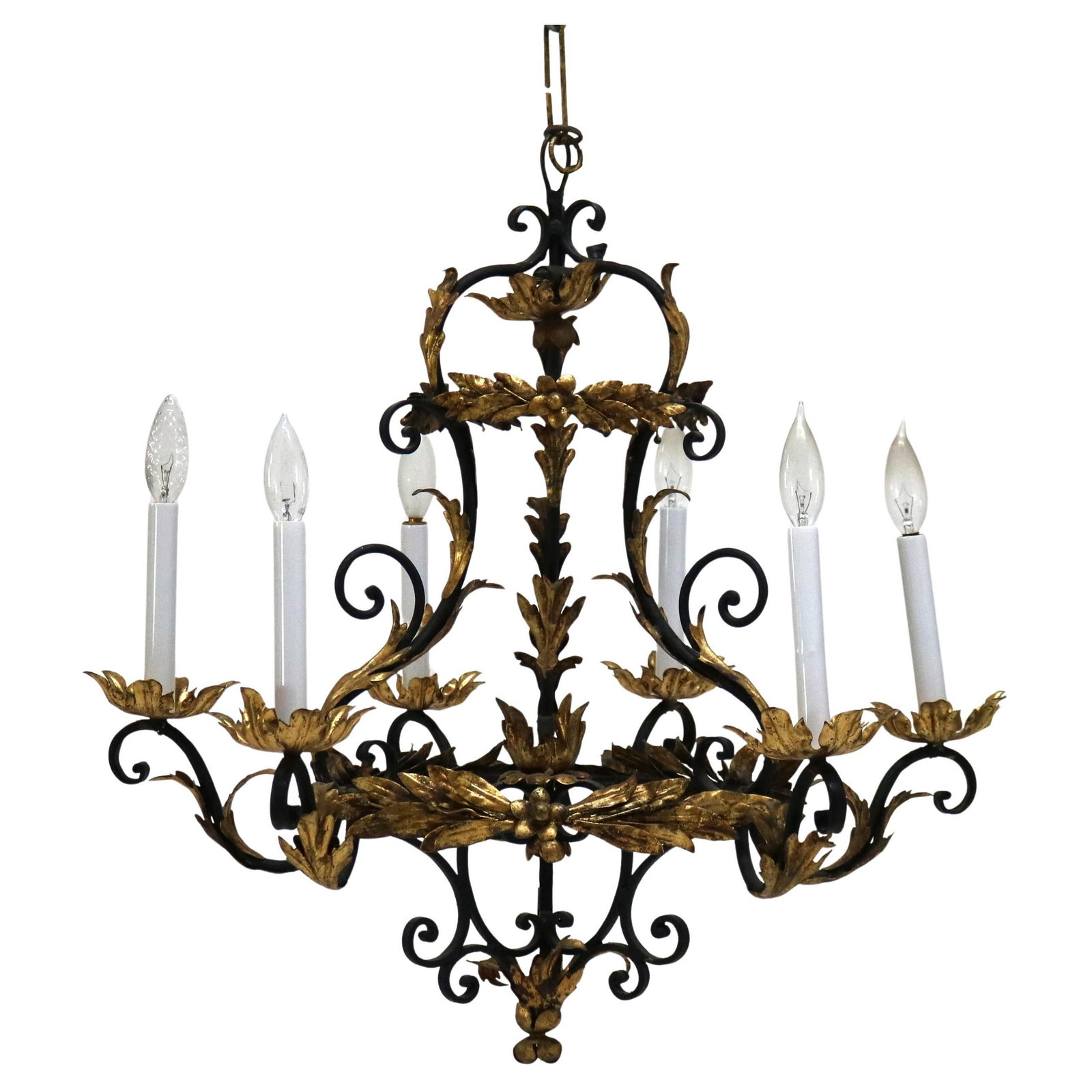 Antique French Rococo Six-Light Metal Chandelier C1930: Antique French Rococo Six-Light Metal Chandelier C1930 This stunning Antique French Rococo Gilt and Ebonized Metal Six Light Foliate Chandelier, crafted around 1930, represents a remarkable example of