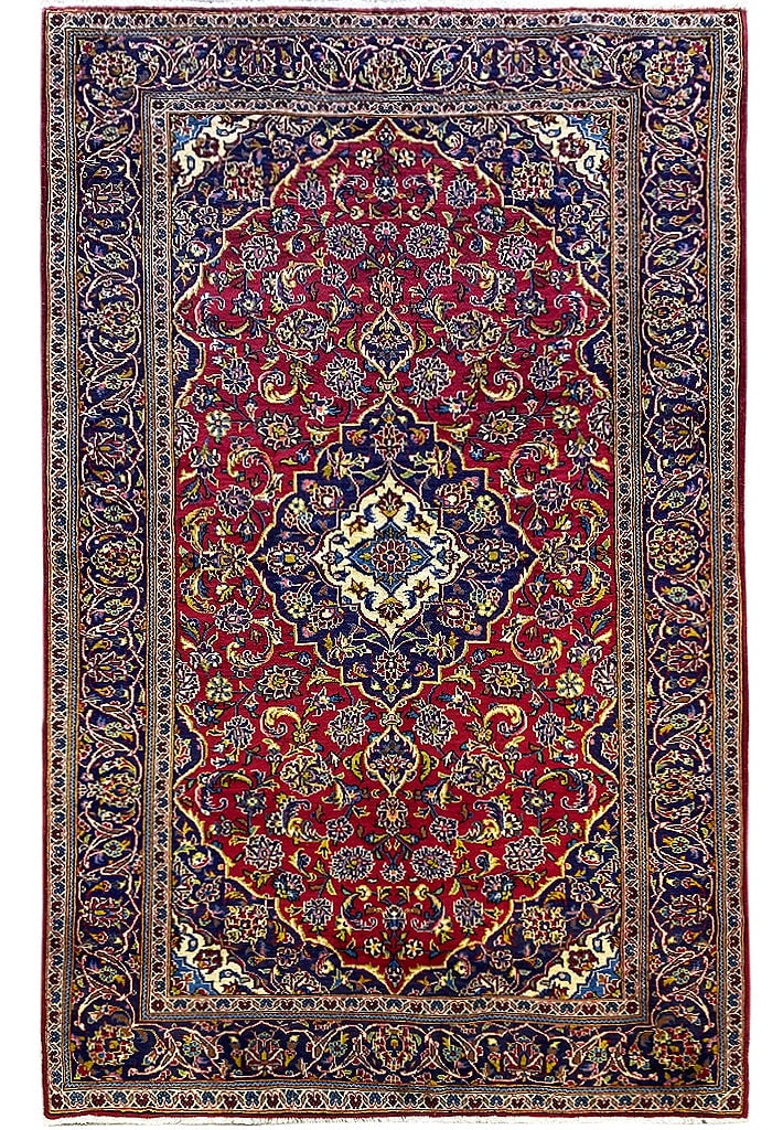 5' x 8' Semi-Antique Persian Kashan Rug Handmade Wool Red Navy Ivory: 5' x 8' Semi-Antique Persian Kashan Rug Handmade Wool Red Navy Ivory Free continental US Shipping Introducing the 5' x 8' Semi-Antique Persian Kashan Rug, a stunning representation of traditional Pers