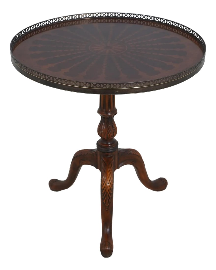 Theodore Alexander Round Inlaid Lamp Table with Brass Gallery: Theodore Alexander Round Inlaid Lamp Table with Brass Gallery This exquisite Theodore Alexander Round Inlaid Lamp Table combines elegance with functionality, featuring intricate carved details and qua