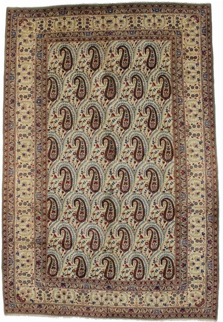 Hand-Knotted Wool Vintage Area Rug With Floral Paisley Design 7'3 x 10'9: Hand-Knotted Wool Vintage Area Rug With Floral Paisley Design 7'3 x 10'9 This handmade semi-antique oriental rug features an allover floral paisley pattern in cream, green, red, royal blue, and tan to