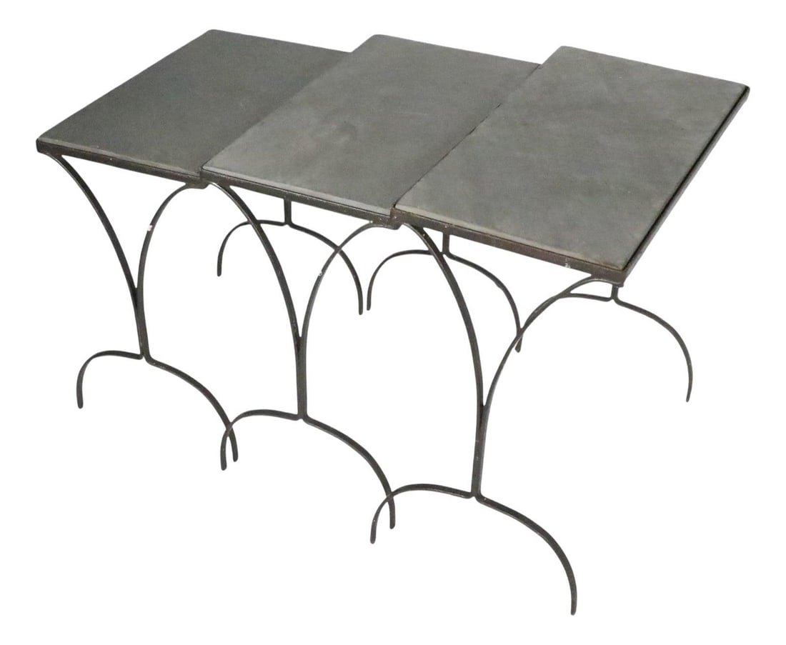 3pc Vintage Mid Century Wrought Iron Slate Nesting Tables (1 of 10)