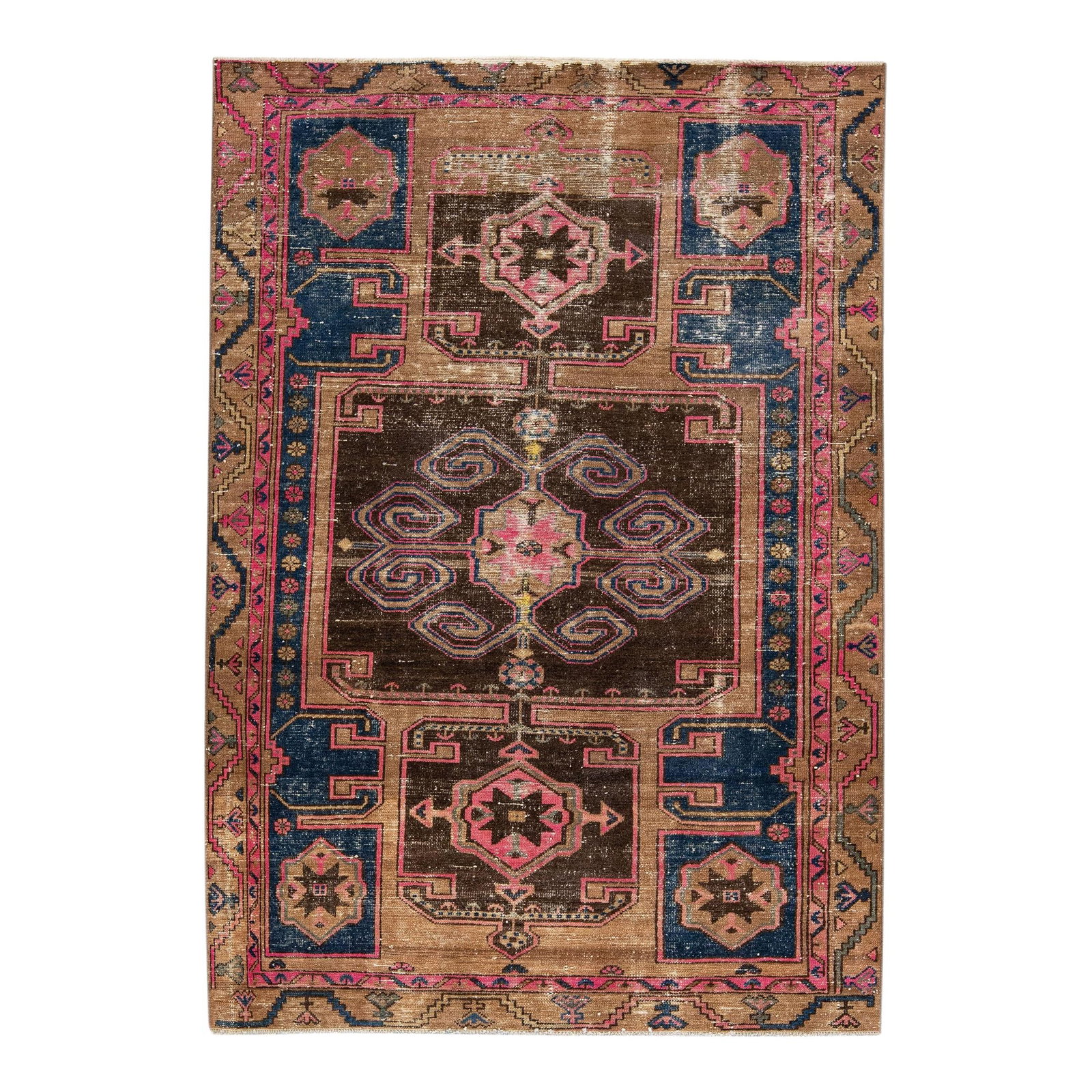 Vintage 1960s Handmade Persian Tribal Wool Rug 4'3 x 6': Vintage 1960s Handmade Persian Tribal Wool Rug 4'3 x 6' This stunning vintage Persian rug showcases a distressed hand-knotted design, featuring a rich brown color field adorned with multicolor accents