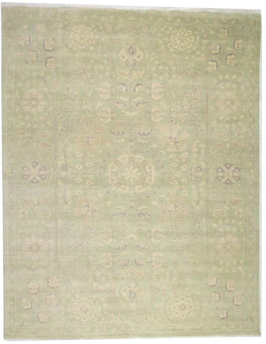 Hand-Knotted 12x15 ft Transitional Floral Wool Rug: Hand-Knotted 12x15 ft Transitional Floral Wool Rug Transform your living or dining space with this exquisite 12x15 ft Transitional Muted Green Floral Oriental Rug. Handmade from high-quality wool, thi