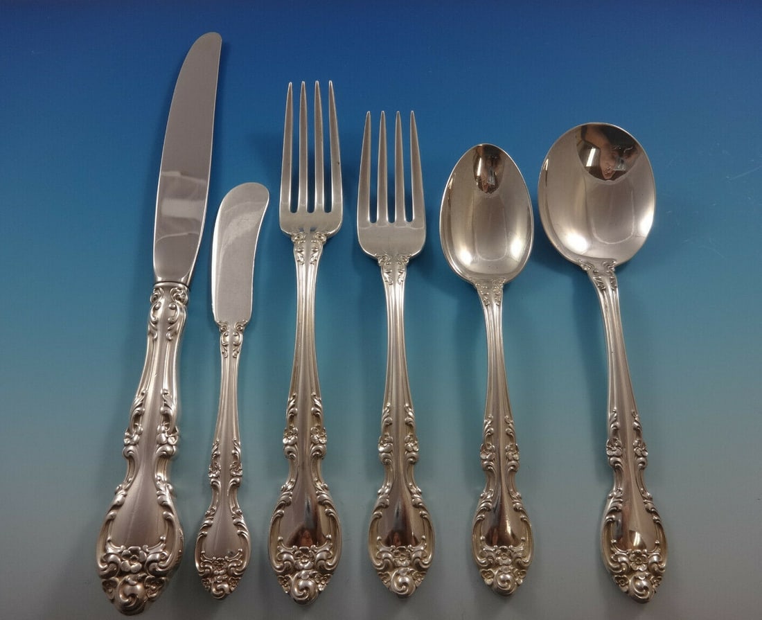 49 Piece Sterling Flatware Service for 8 Gorham Melrose: 49 Piece Sterling Flatware Service for 8 Gorham Melrose This Melrose by Gorham flatware set is a 49-piece sterling silver service for 8, made in the United States and inspired by carvings from the Mel