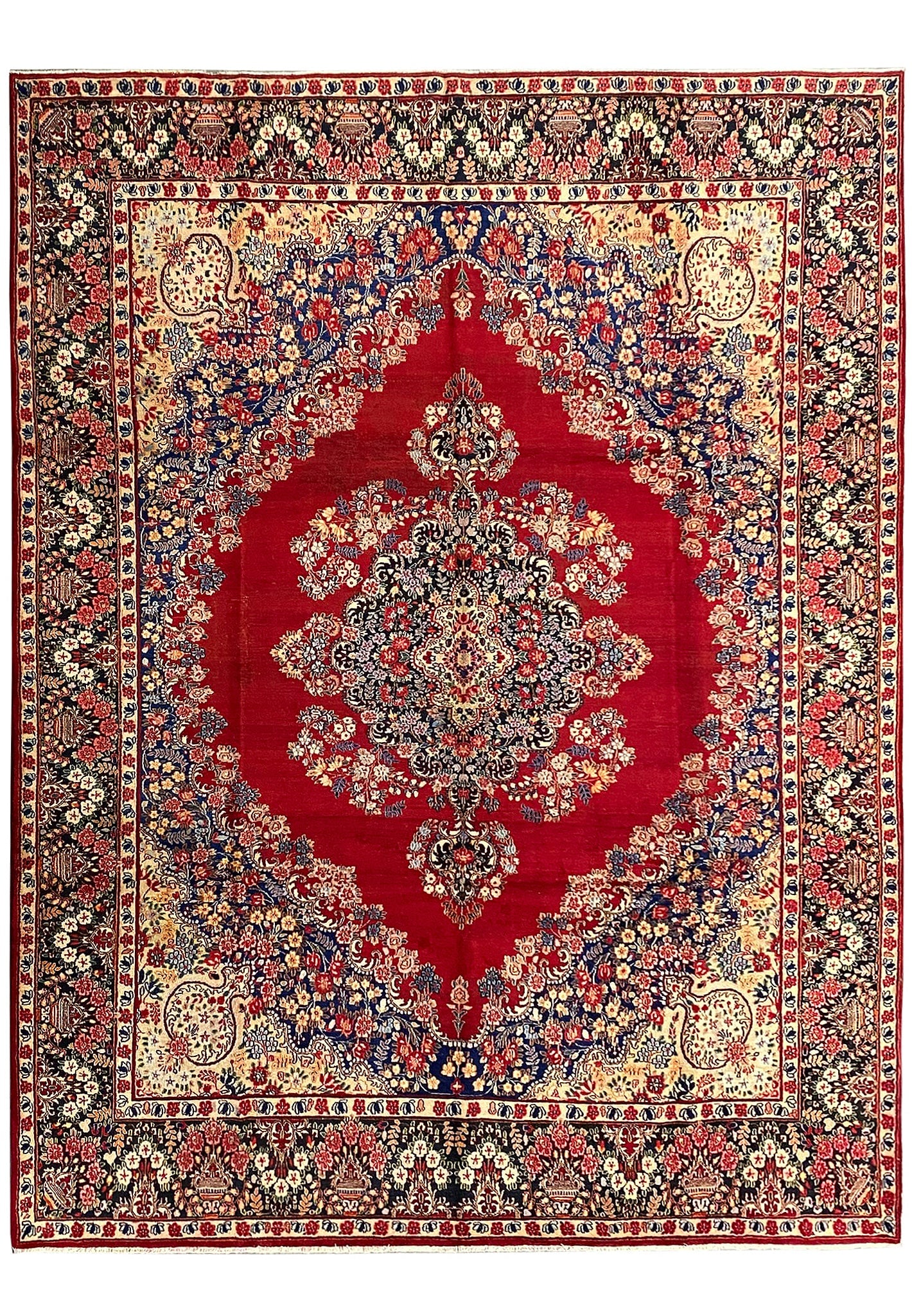 10 x 13 Persian Kerman Rug Hand Knotted Wool Open Field 1980s: 10 x 13 Persian Kerman Rug Hand Knotted Wool Open Field 1980s Free continental US Shipping This is a vintage 1980s Persian Kerman rug in a 10 x 13 size with an open field design. It is hand-knotted an