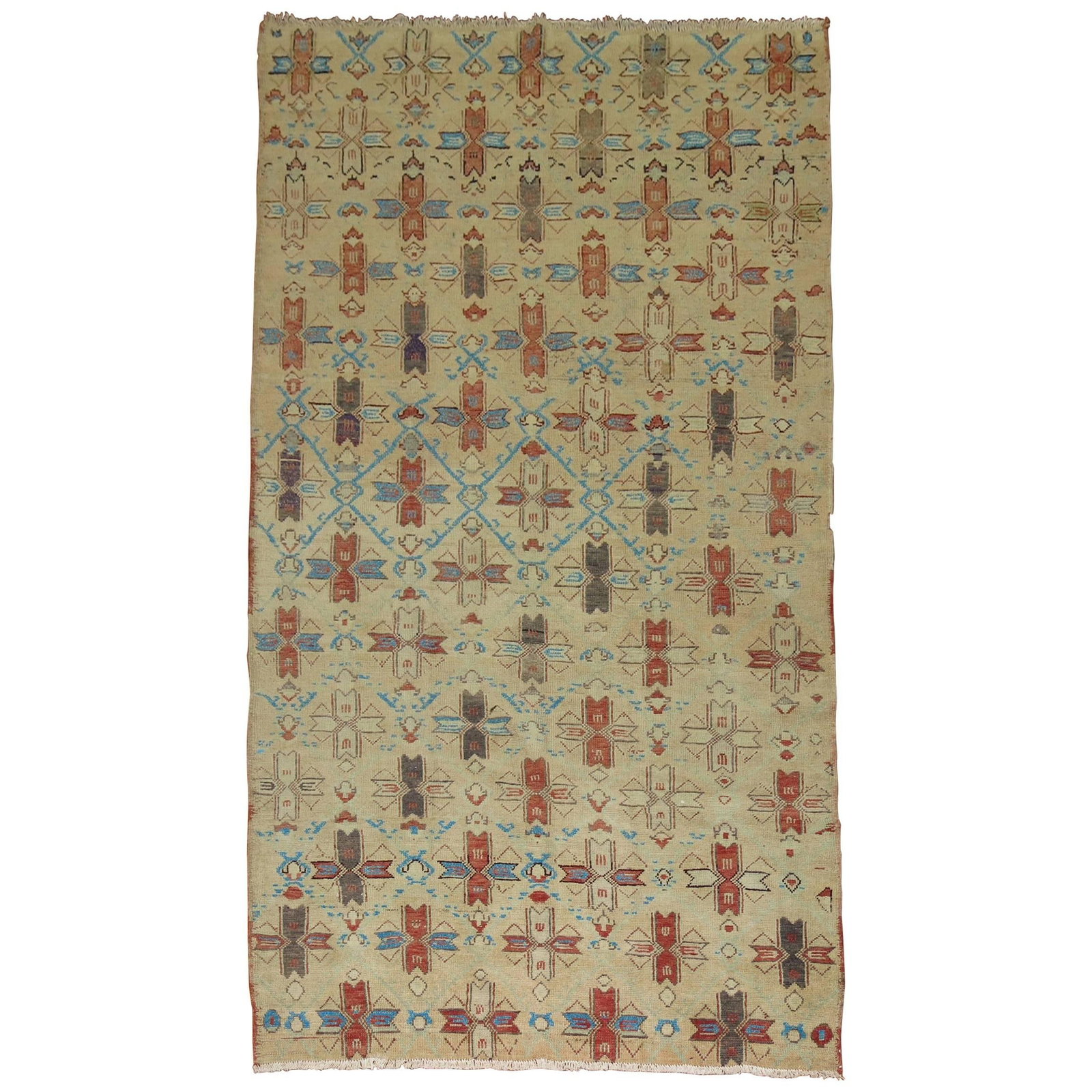 Hand Knotted Wool Anatolian Rug from Turkey 61 x 116 in: Hand Knotted Wool Anatolian Rug from Turkey 61 x 116 in This vintage Turkish Anatolian rug from the mid-20th century features a unique, all-over repetitive design set against a bone-colored field. Exp