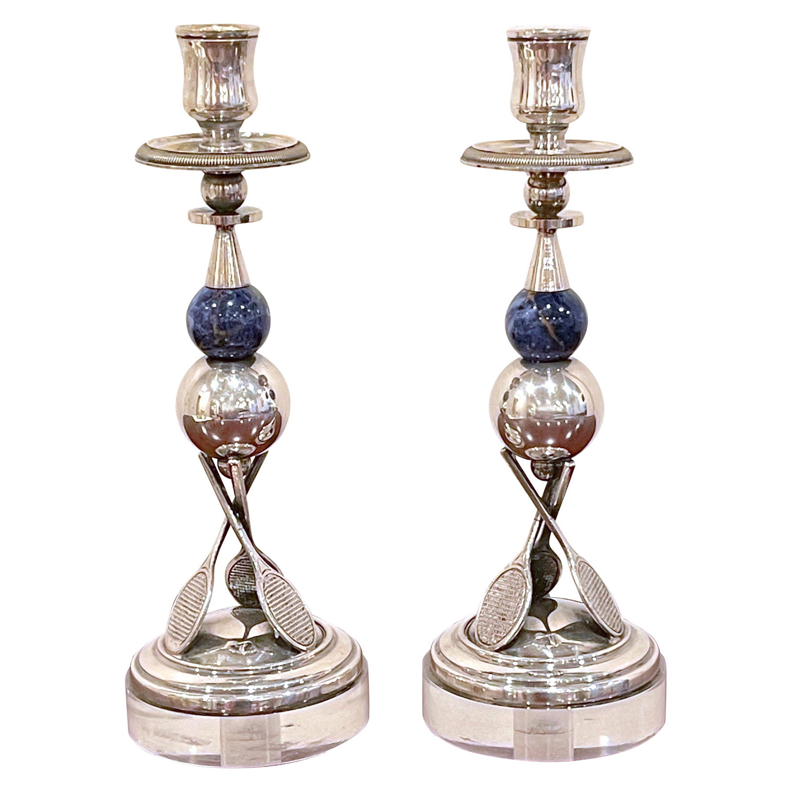 Mid-Century Modern Italian Silver-Plated Lapis Lucite Tennis Candlesticks Set of 2 (1 of 9)