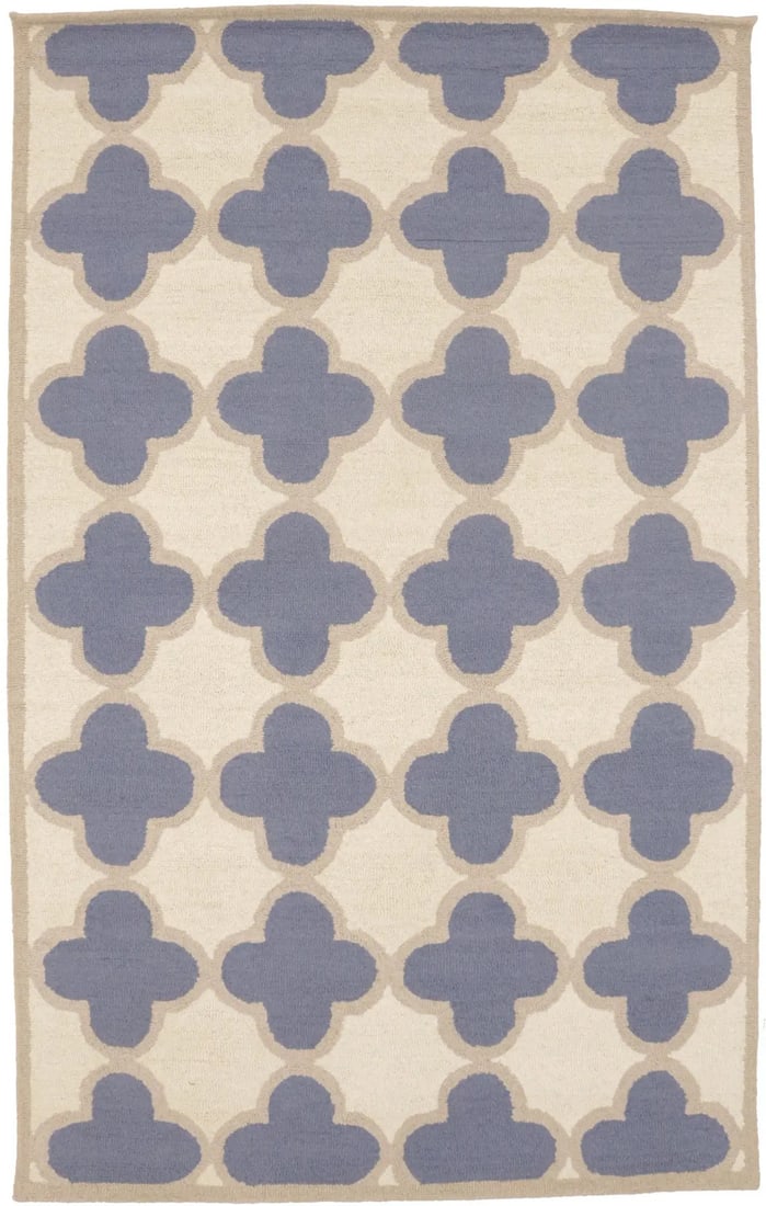 5x8 Wool Modern Area Rug in Purple Trellis Pattern Hand-Tufted: 5x8 Wool Modern Area Rug in Purple Trellis Pattern Hand-Tufted This modern area rug features a purple trellis design accented with cream and beige tones. Hand-tufted from wool, it offers a soft feel a